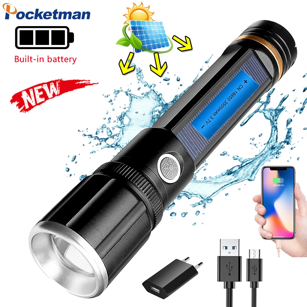 

Powerful Solar/USB Charging Flashlight Rechargeable Compass Lantern 18650 Torch For Outdoor Camping Mobile Power Bank Lanterna