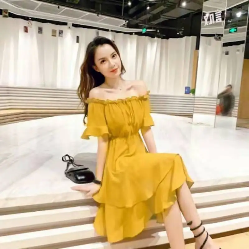 Retro Fairy Beach Dress Summer Yellow Chiffon Seaside Vacation Word Shoulder Female Solid Color | Мать и ребенок