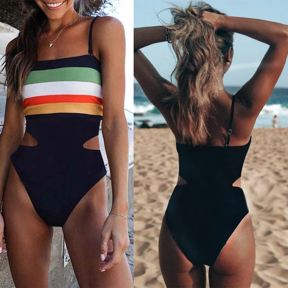 

pring and summer hot style condole stripe color contrast one-piece swimsuit beach hole slim swimsuit woman
