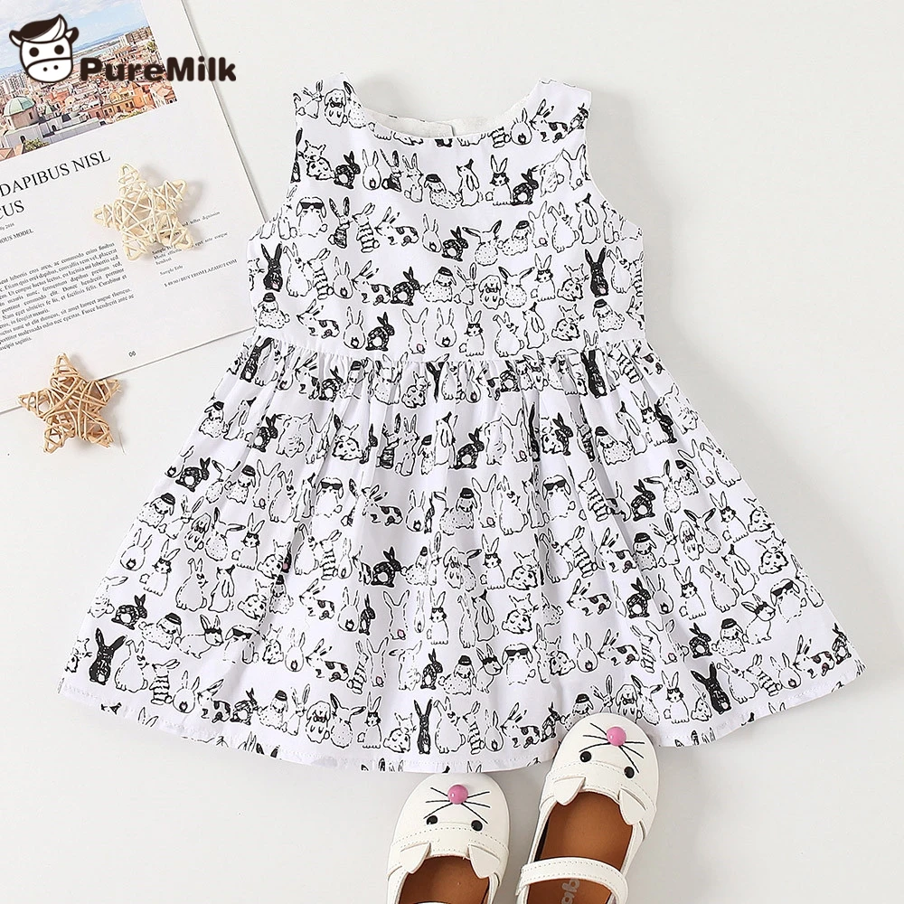 

PureMilk Girls Clothes Sleeveless Summer Clothing Bunny Printed Dresses