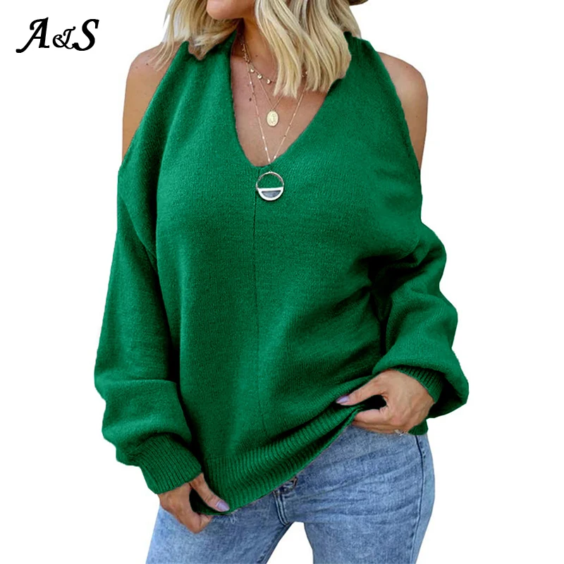 Женский свитер с V-образным вырезом и открытыми плечами уличная мода