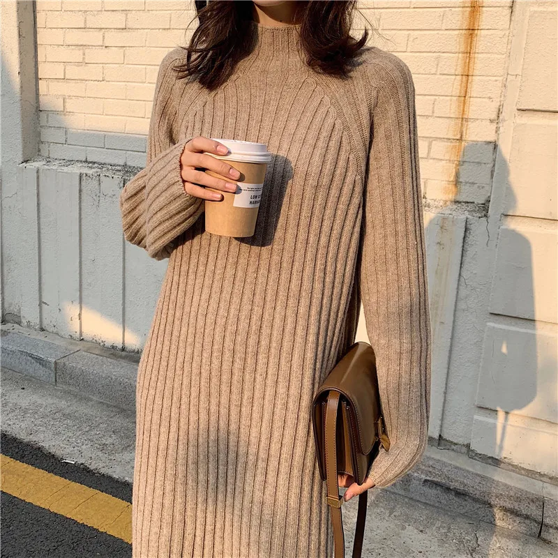 

2020 Women Winter Long Sweater Dress Turtleneck Long Sleeve Straight Elegant Knitted Vestidos Streetwear Robe Pull Femme Jurken