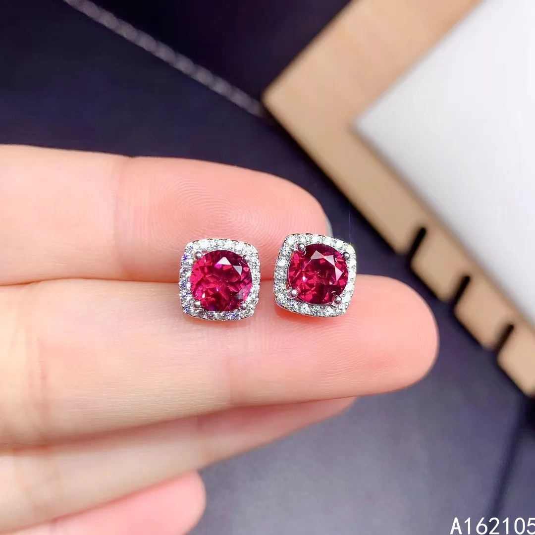 Fine Jewelry 925 Pure Silver Chinese Style Natural Pyrope Garnet Girl Luxury Popular Round Gem Earrings Ear Stud Support Detecti