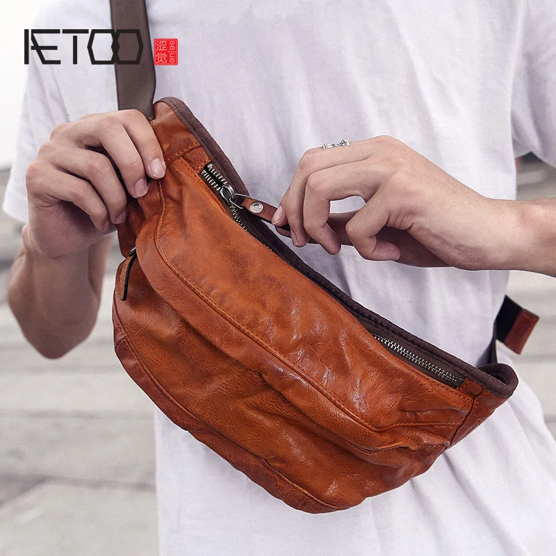 AETOO Vintage leather belt bag, men's trend top cowhide chest bag, fashionable soft leather messenger bag