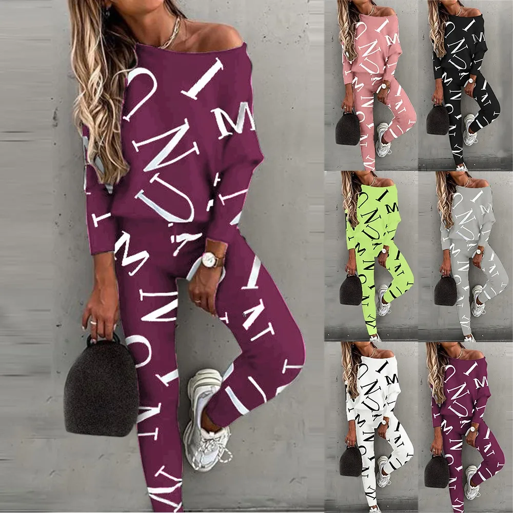 

Women's Letter Printed Tracksuit Long Sleeve Round Neck T-Shirt Top High Waist Casual Pants Ladies Sports Daily Wear Outfits