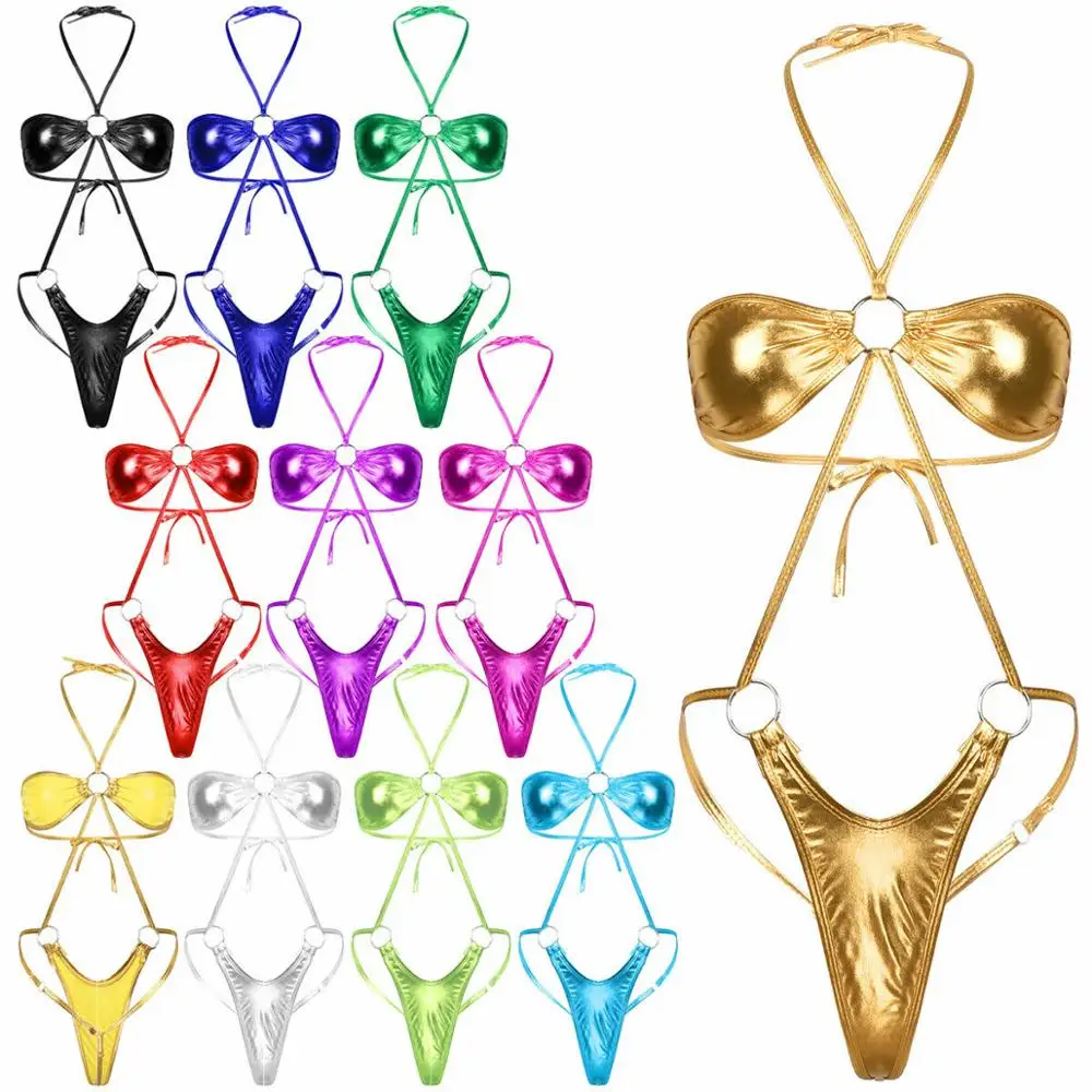 

Sexy Women Shiny Metallic One Piece Bandeau Bikini Lingerie G-String Back Slingshot Swimwear Beachwear