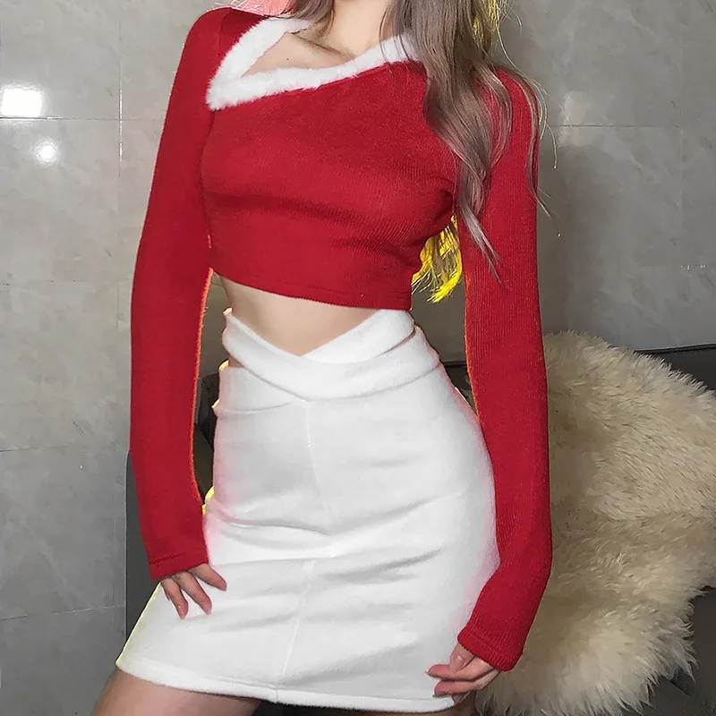 

Women Christmas Santa Claus for Adults Xmas Costumes Sexy Party Clubwear Red Knit T-Shirt Santa Holiday Fashion Skinny Crop Tops