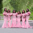 Роскошные подружки невесты без рукавов, розовое, платья с аппликациями 2021 Русалка с оборками с короткими пышными рукавами с вырезом лодочка длинное праздничное платье со стразами на свадьбу