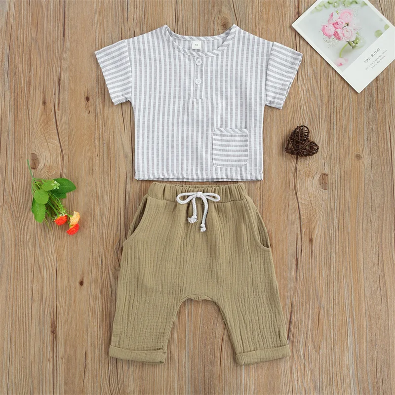 

Baby Boys Summer Casual Tracksuit Sets Stripes O-Neck Short Sleeves Tops + Solid Color Pants Sets For 0-3 Years Old Toddlers