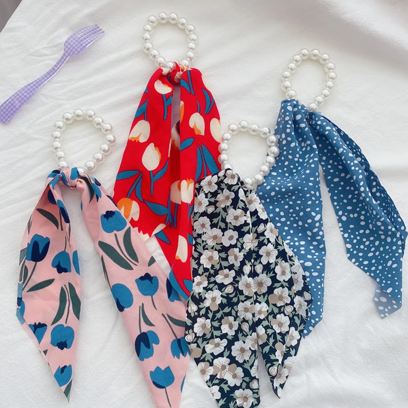 

Chiffon Ribbon Hair Scrunchie Super Fairy Floral Pearl Beaded Hair Rope Pearl Elastic Rubber Bands Fashion Hair Accessories