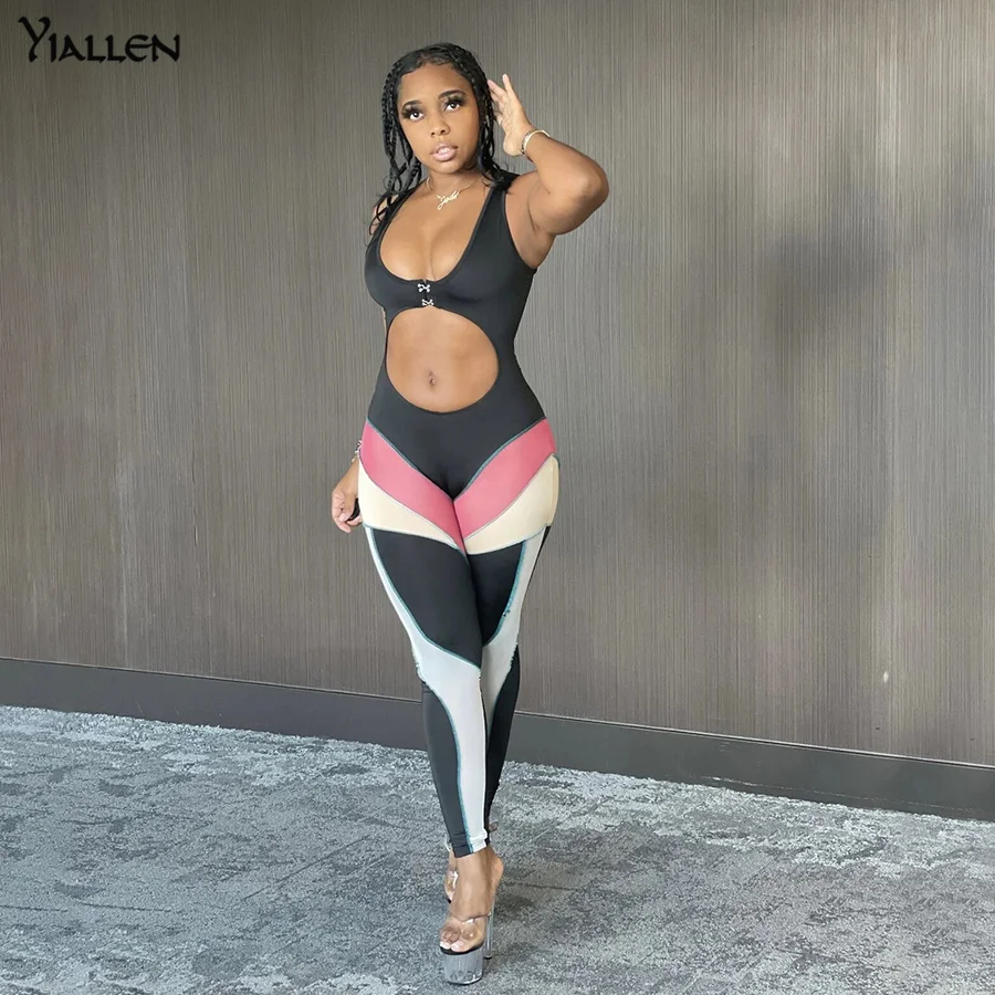 

Yiallen Sexy Hollow Out Printing Sling Jumpsuit Women Clothes 2021 Summer New Casual Slim Sleeveless V-neck Fitness Streetwear