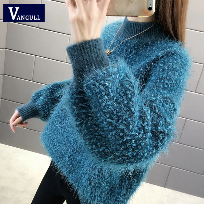 vangull Vintage Half Turtleneck women Sweater Solid color Loose Long Sleeve Knit Furry poullovers Lazy Style Top Bottoming Shirt | Женская