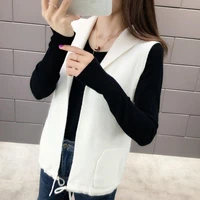 sweater vest women hooded solid loose lace up korean style knit all match autumn womens outwear pockets leisure chic ulzzang new
