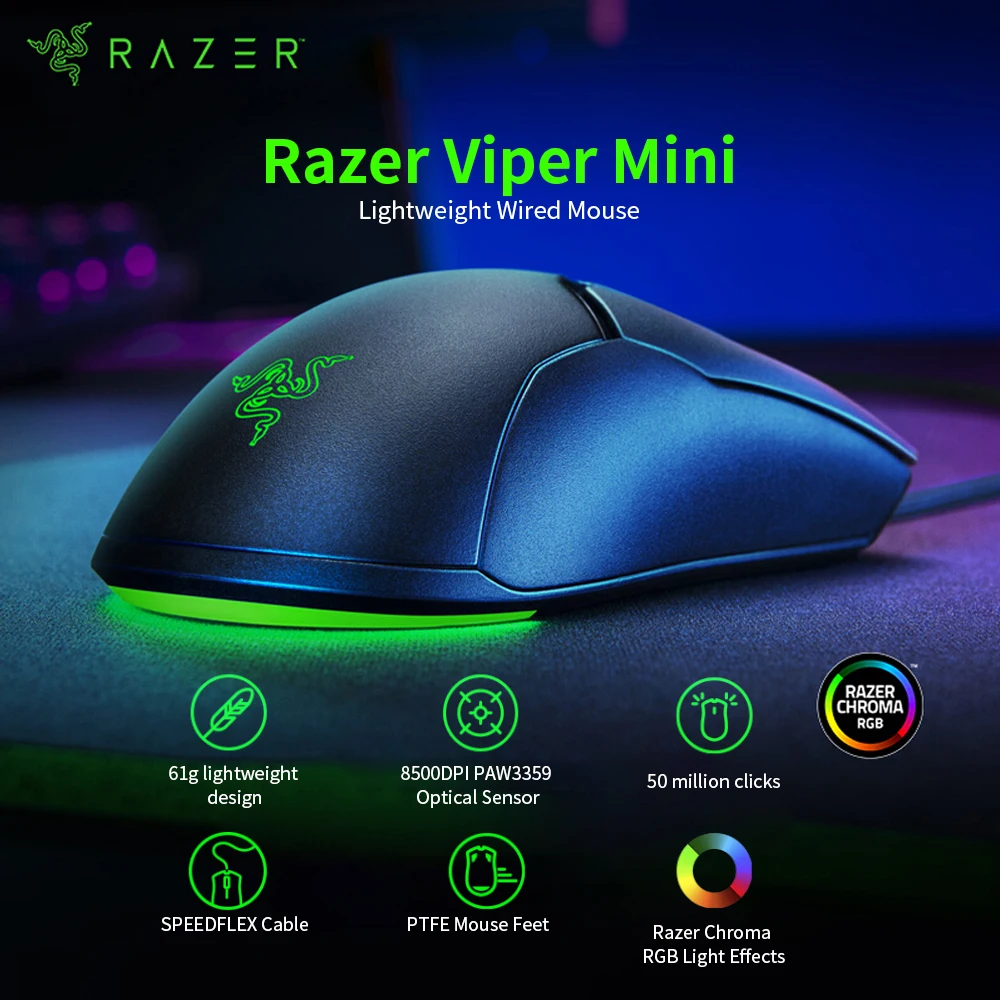 

8 шт. Razer Viper Mini 61 г легкая проводная мышь 8500DPI PAW3359 оптический датчик Chroma RGB игровая мышь Мыши SPEEDFLEX кабель