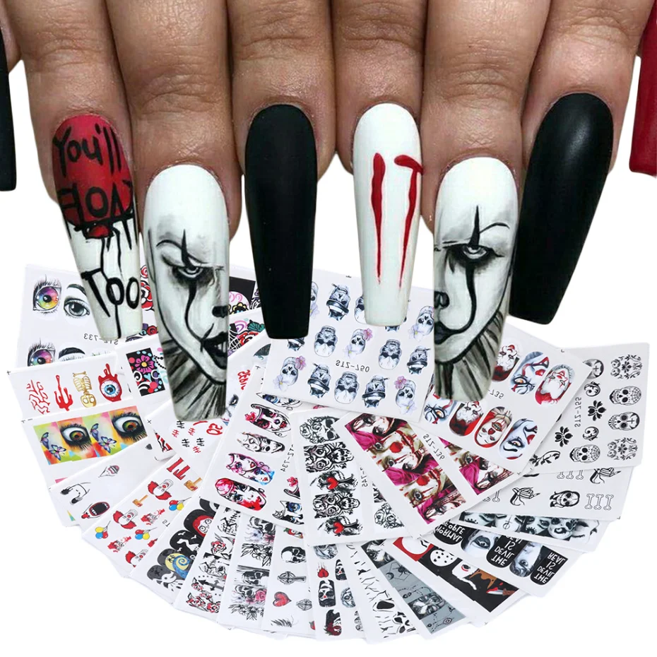 

24 Pcs Halloween Nail Art Water Sticker Set Anime Skull Bone Decals Gel Polish Slider Accessories Nail Decorations LASTZ731-755