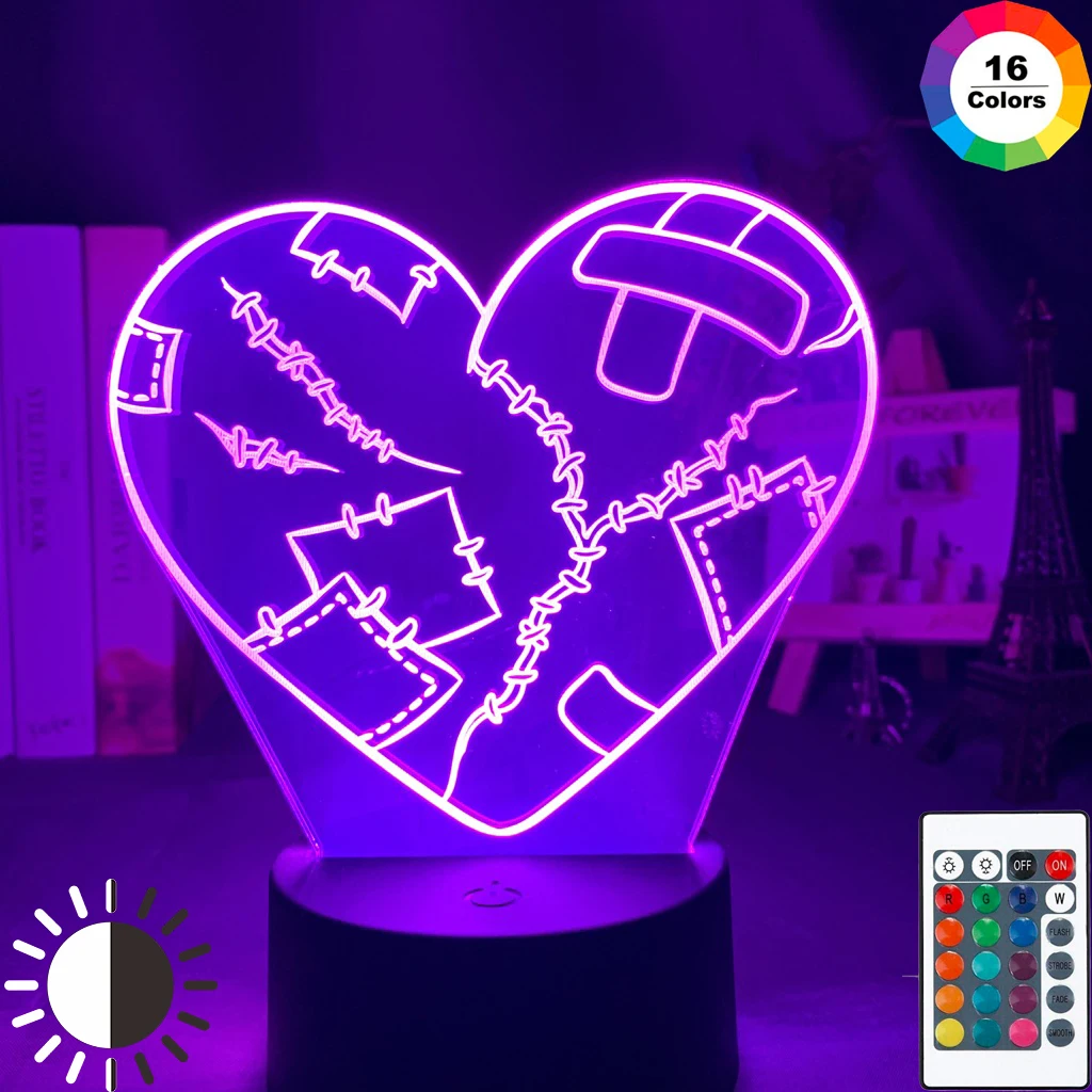 

3d Night Light Heart Broken 16 Colors Changing Nightlight for Girls Room Decoration Light Cool Gift for Friend Desk Lamp Battery