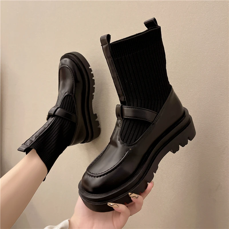 

2021 New Women Short Boots Fashion Platform Pu Leather Thick Heel Winter Shoes for Woman Warm Elastic Casual Lady Footwear