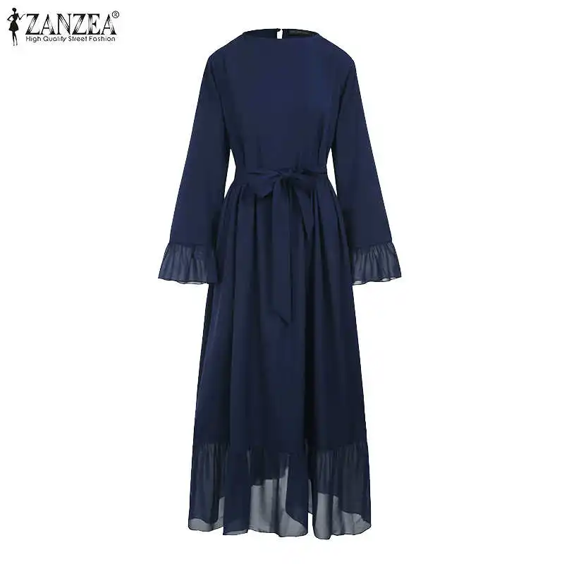

Dubai Abaya Turkey Hijab Dress Women Autumn Sundress Jilbab Islamic Clothing Caftan Marocain ZANZEA Long Sleeve Ruffles Sundress