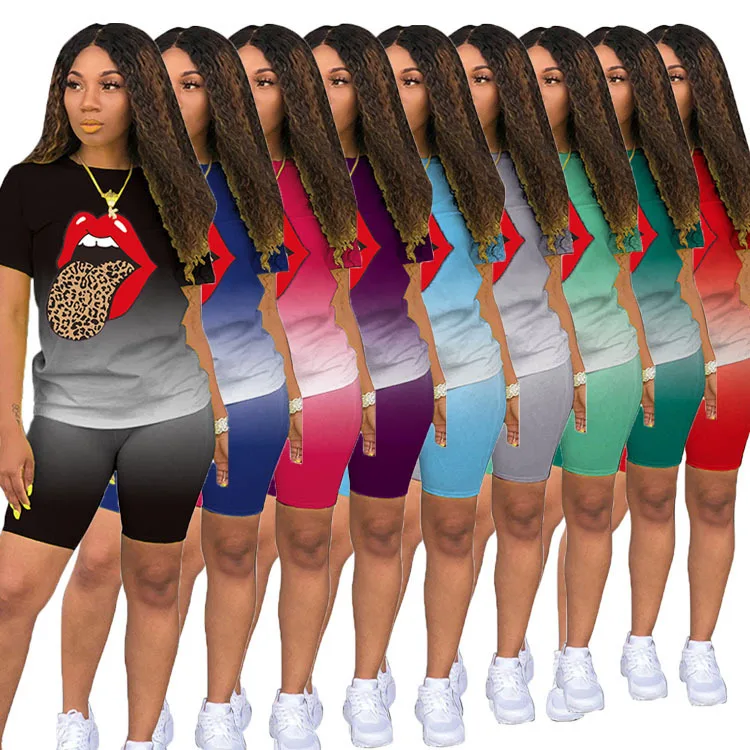 

2021 New Casual Short Sleeve Shorts Home Clothes Leopard Large Lips Gradient Solid Color Two Piece Set for Women Printing