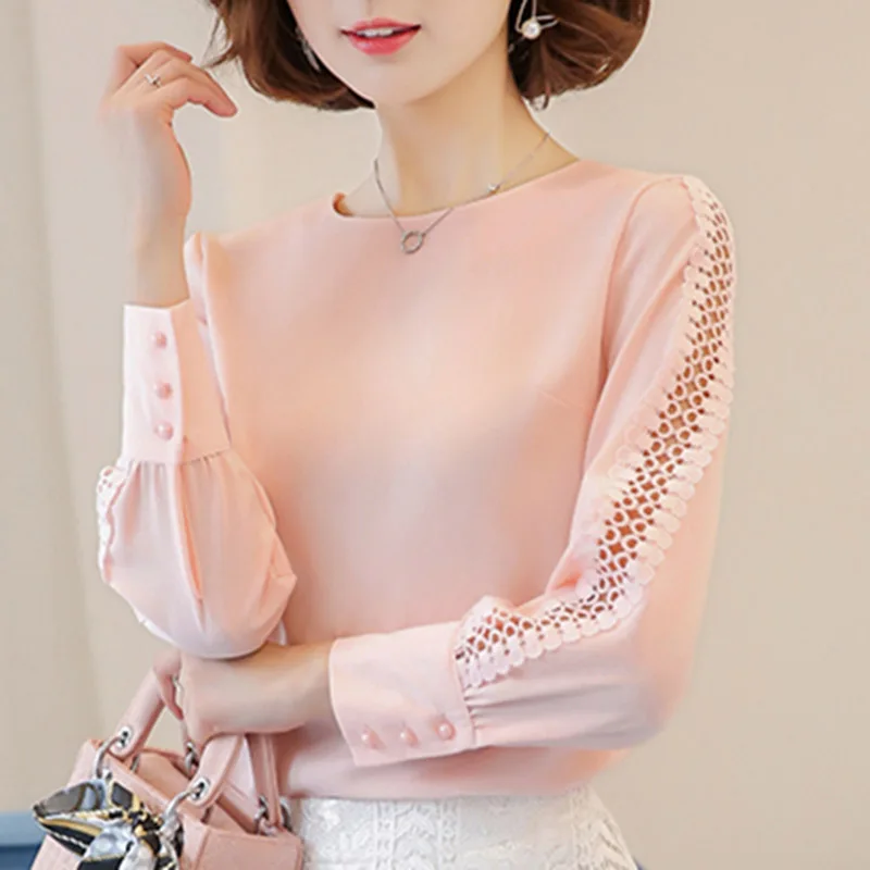 

Blue Red White Chiffon Shirt Women's Autumn Long Sleeve Ladies Office Shirt Korean Fashion Lace Hollow Ladies Top Blusas