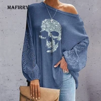 sexy skew collar women skull pattern blouse blusa loose long batwing sleeve streetwear tops femme casual hollow out shirt clothe