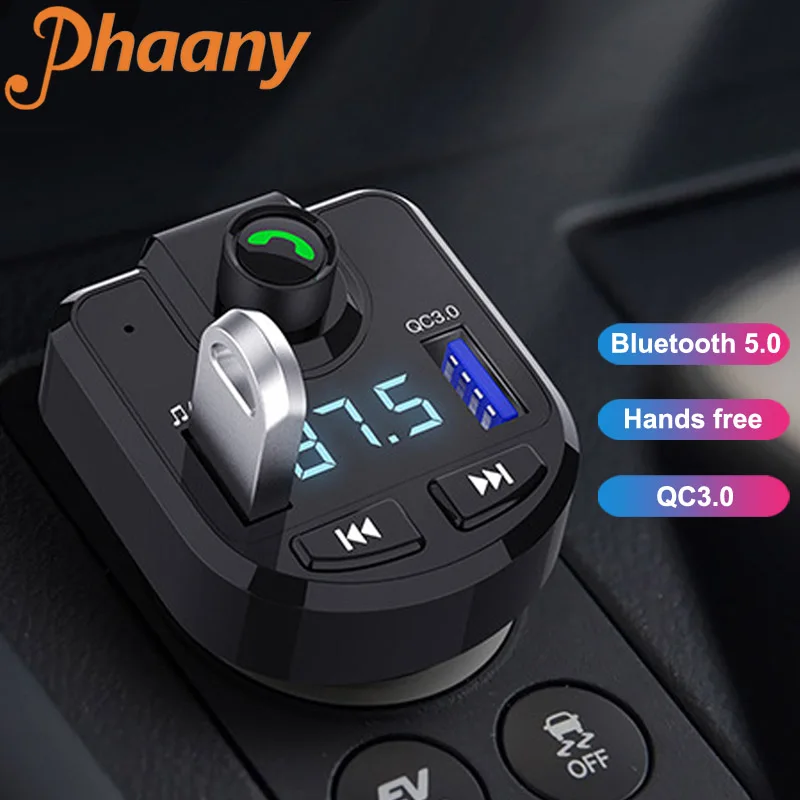 

Phaany FM Transmitter Bluetooth 5.0 Handsfree Car Kit Audio Receiver USB QC3.0 Fast Charging Support Folder Switch Playback