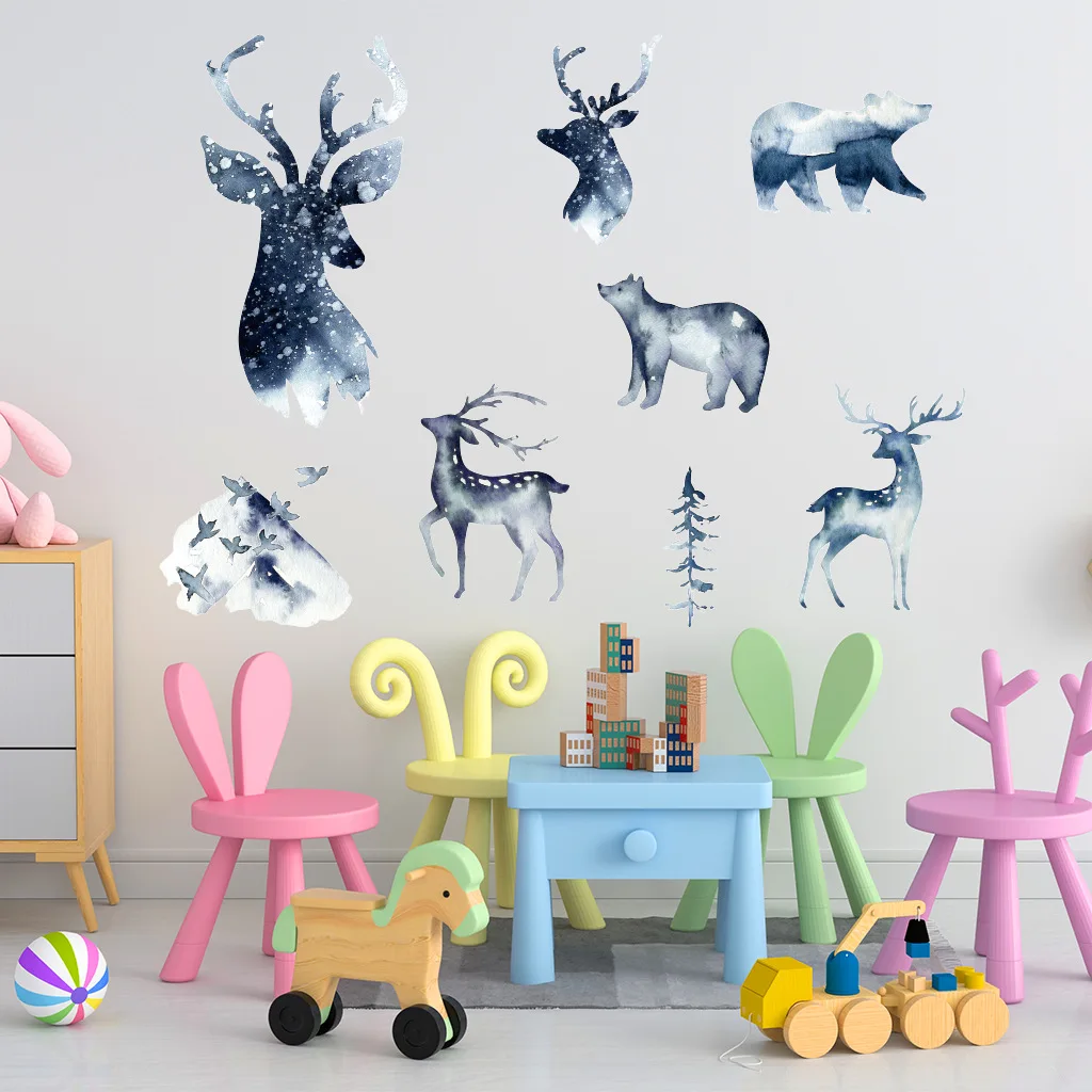

Cartoon Watercolor Family Deer Animal Wall Stickers DIY Forest Wall Decals for House Kids Rooms Baby Bedroom Nursery Decoration