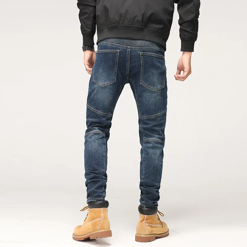 Street Style Fashion Men Jeans Retro Blue Slim Fit Elastic Zipper Spliced Designer Biker Jeans Men Hip Hop Denim Punk Pants