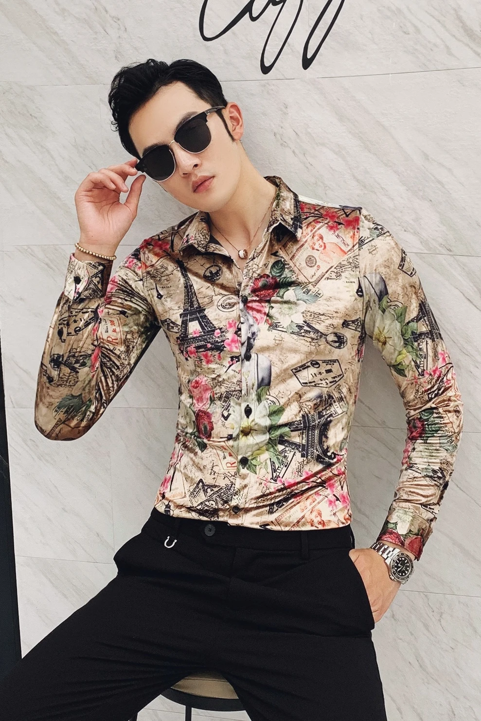 

Boutique Velvet Men Shirts 2020 Winter Warm Stylish Party Dress Long Sleeves Shirts Club Outfits Mens Printed Slim Fit Shirts