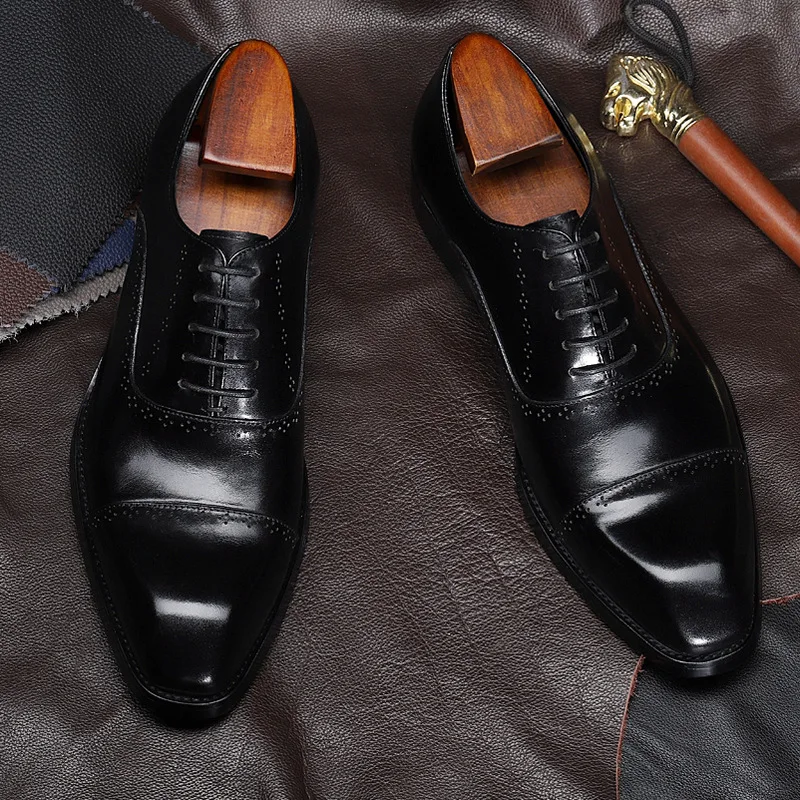 

HandMade Men Genuine Leather Shoes Square Toe Lace-Up Oxford Dress Brogues Italian Brand Wedding Party Platform Shoes For Men F4