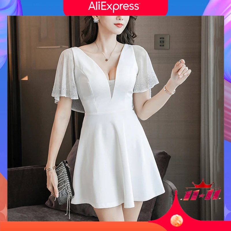 

WAYOFLOVE Nightclub Sexy Dress Slim Casual Backless V Neck Gauze Short Dresses Woman Dinner Party Vestidos Elegant Women's Dress