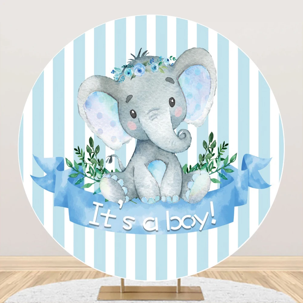 

Laeacco Elephant Baby Shower Birthday Party Round Circle Background Photography Blue White Stripe Flower Pattern Photo Backdrop