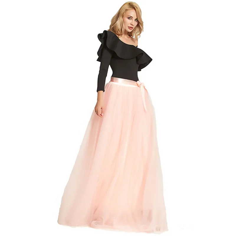 Женская вечерняя фатиновая юбка пачка в пол 6 слоев 115 см с бантом трапециевидная