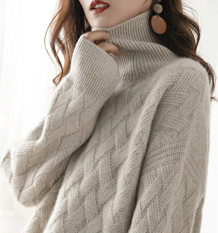 

Новинка 2021, осенне-зимний кашемировый свитер с высоким воротником, женский свободный плотный пуловер в стиле лангуид, шерстяной свитер
