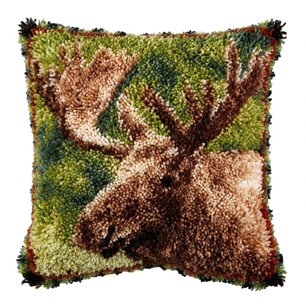 

DIY Elk Latch Hook Pillow Kits for Kids Cushion Cover Pillowcase Embroidery DIY Kit for Adults and Kids with Pattern Printed