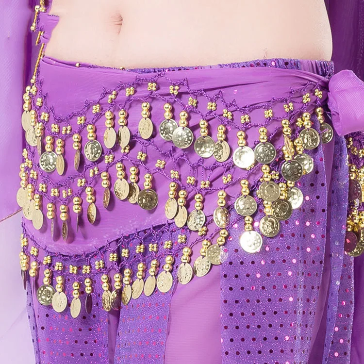 purple Танец живота тон монеты Талия цепь обертывание Леди Женская Одежда для танцев хип шарф аксессуары 3 ряда пояс юбка с золотым танца живота - Цвет: purple
