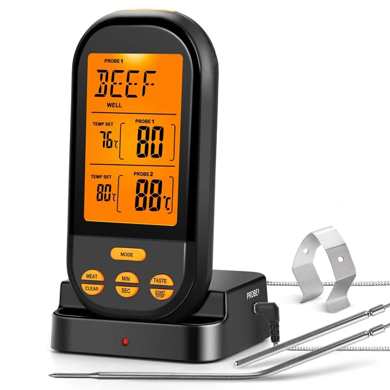 

Wireless Meat Thermometer,Digital LCD Cooking Thermometer Timer Alarm Food Thermometer with Dual Stainless Steel Probes