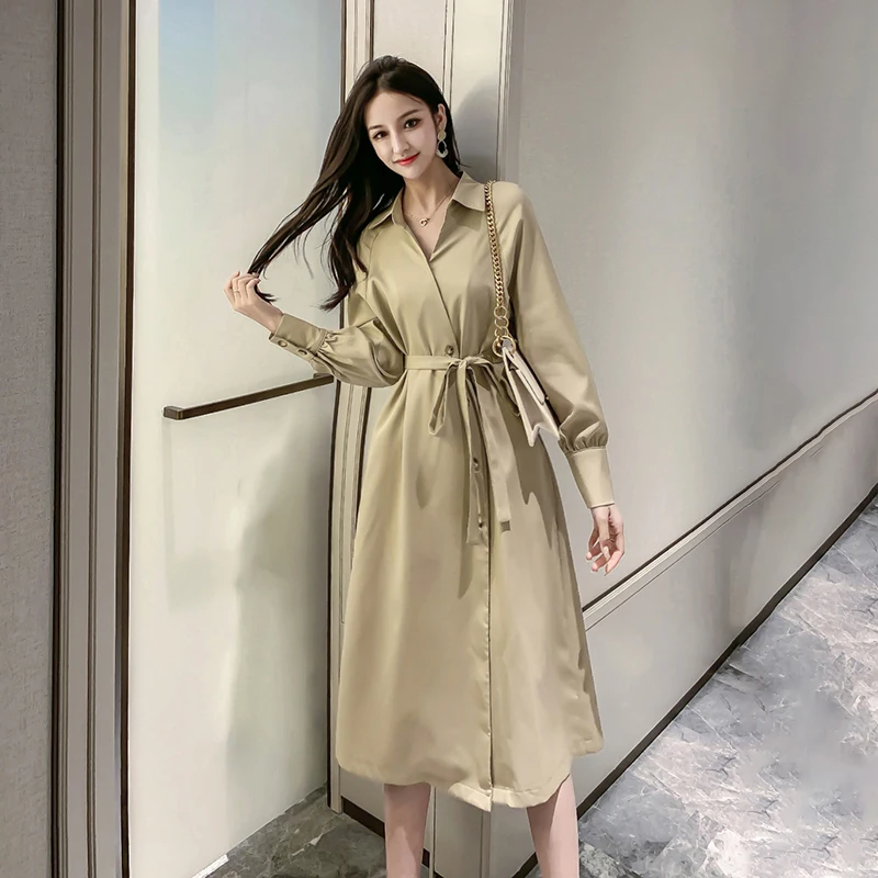 

Женское однотонное повседневное однобортное пальто, модное офисное пальто с поясом, шикарное свободное Элегантное Длинное Платье-Тренч