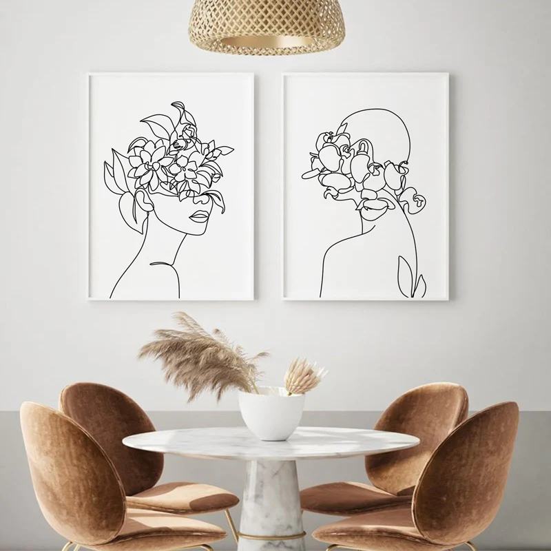 Линия искусства женщины с головой цветы художественный принт Современный