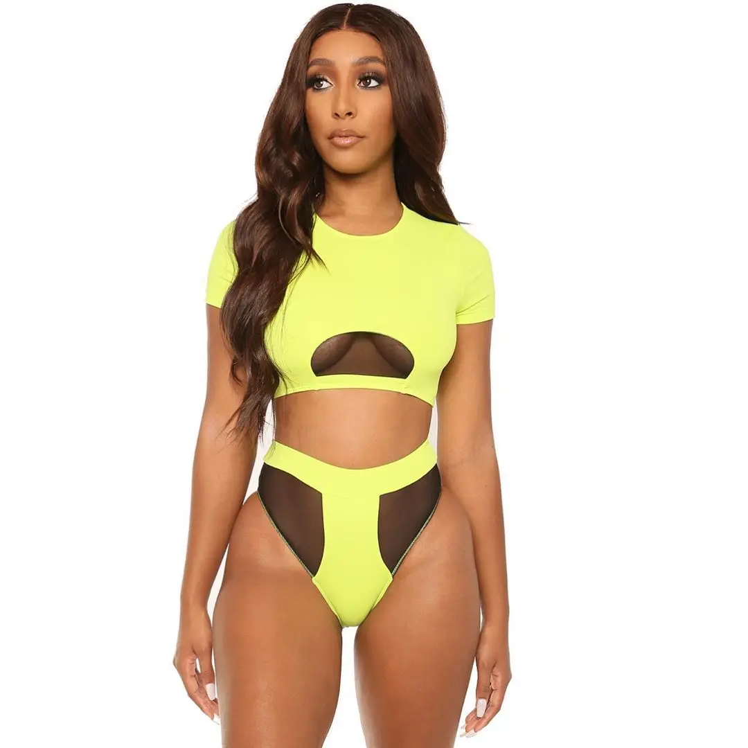 

New Sexy Short Sleeve Leopard Bikinis Women Push Up Swimwear Mesh Splicing Swimsuit High Waist Two Piece Bathing Suit Beachwear