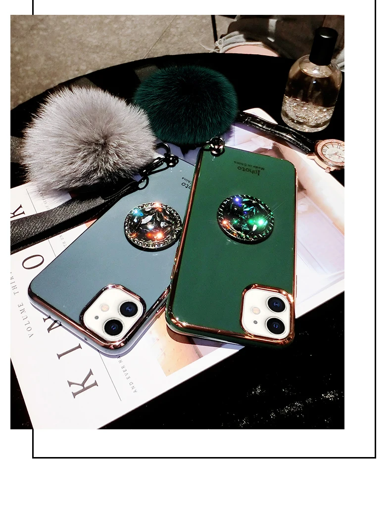 Красивый меховой шар чехол для телефона iPhone X XS 11 Pro Max XR 6 6S 7 8 Plus Алмазный с кольцом