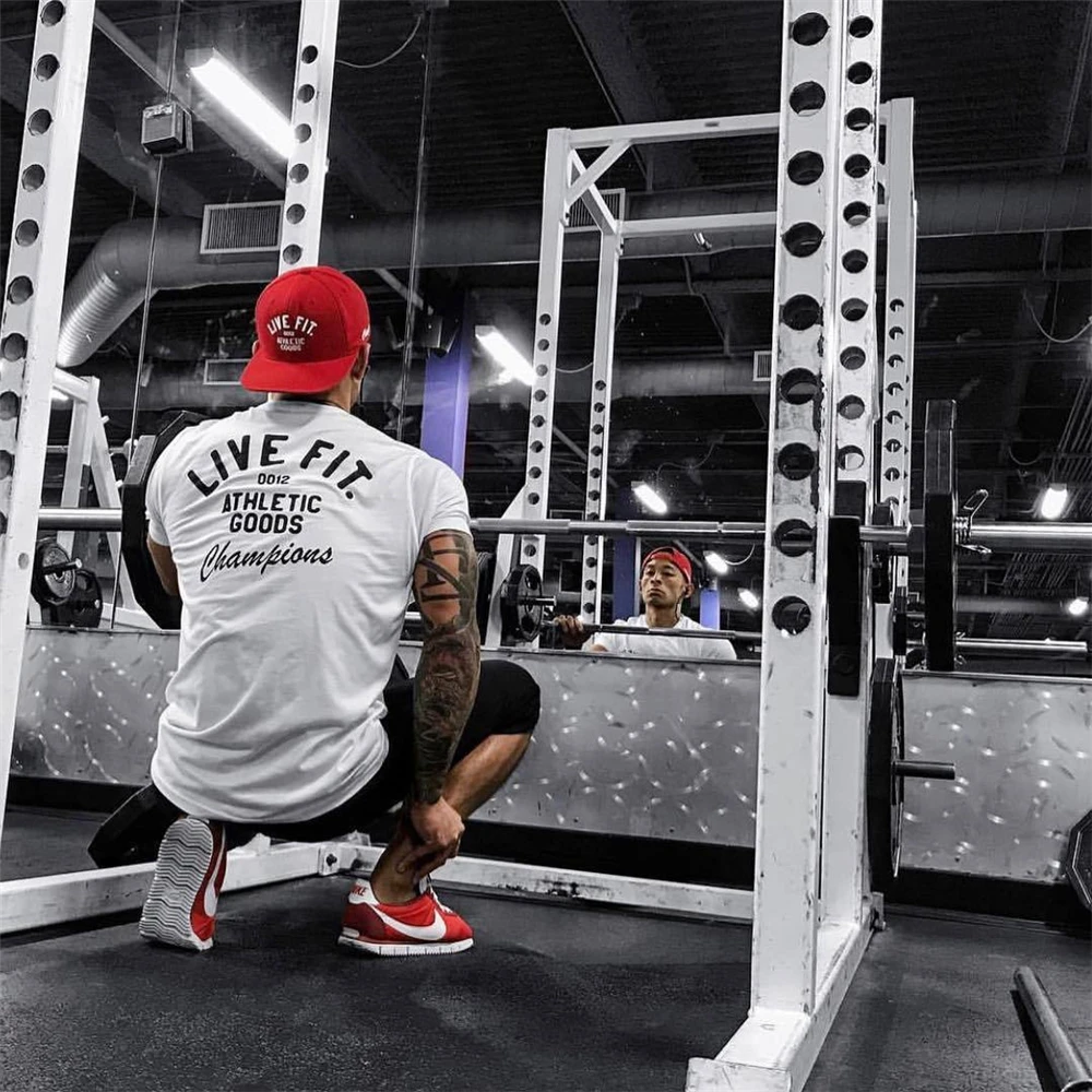 Men's Summer Black White Gray GYM Workout Fitness Cotton T-Shirt Sport Running Basketball Training Athletic Cloth Daily Wear