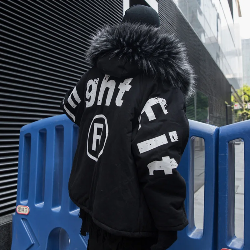 

Hip Hop Fur Collar Parka Winter Thick Jacket Men Warm Letter Print Jackets and Coats Male Clothes Black MG300