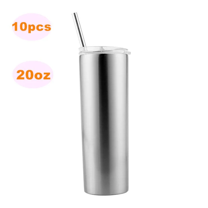 10pcs 20oz Sublimation Blank Silver Skinny Tumbler Stainless Steel Insulated Water Bottle Double Wall Vacuum Travel Cup