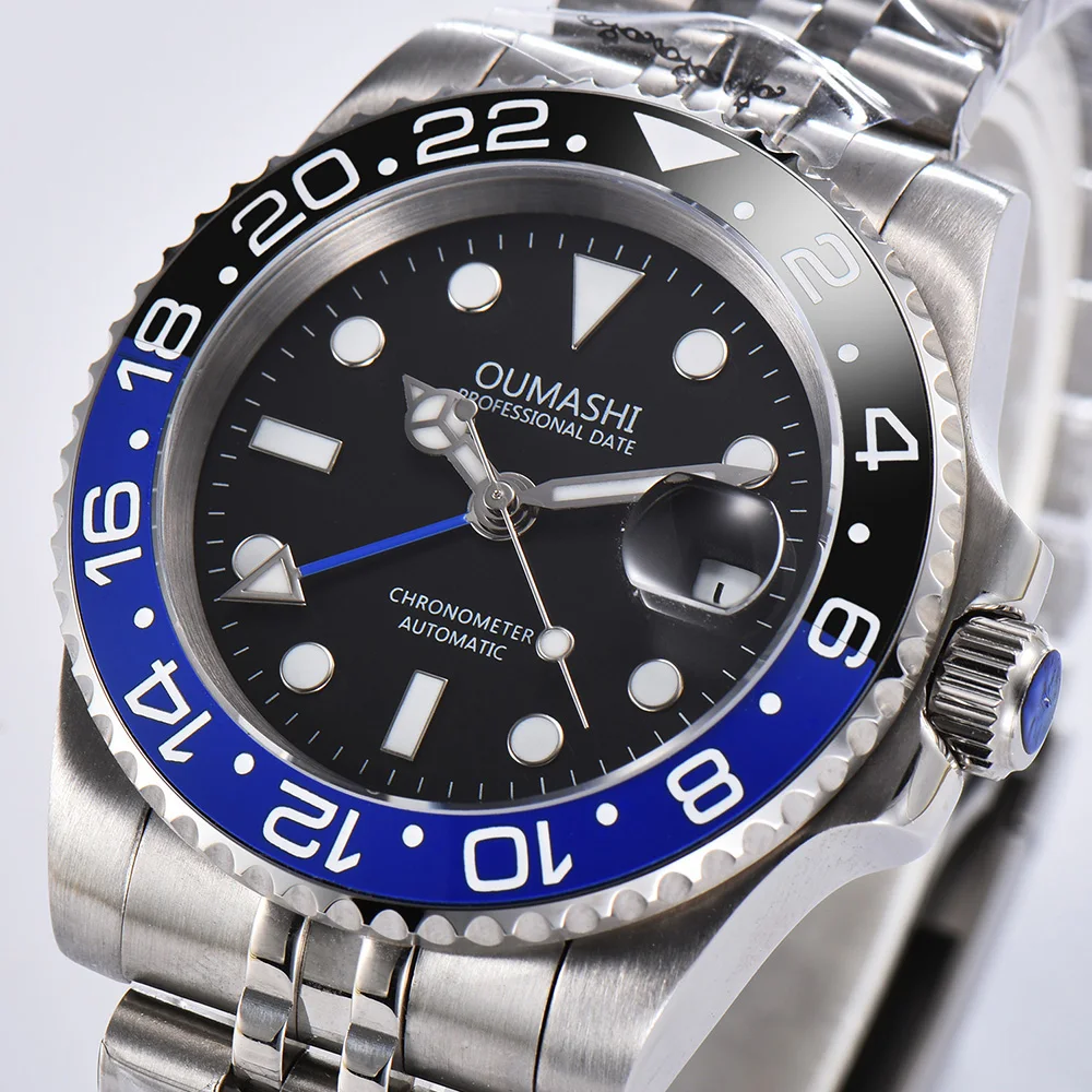 

Роскошные Брендовые мужские автоматические механические часы GMT черный синий керамический ободок браслет из нержавеющей стали с подсветко...