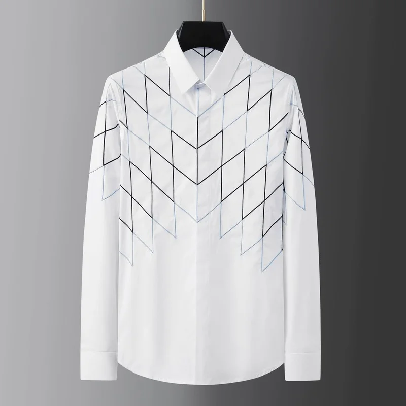 High-quality craftsmanship color matching embroidery men's long-sleeved shirts, handsome, slim, and versatile men's clothing