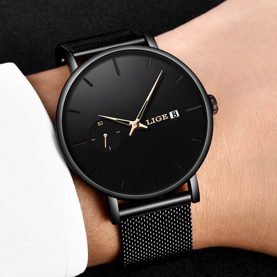 LIGE желтые кварцевые часы с указкой мужские лучший бренд роскошные простые со