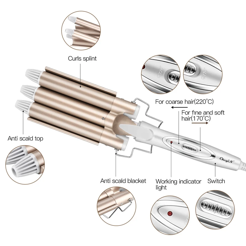 

CkeyiN Hair Curler Professional 3 Barrel Hair Curling Iron Wand Crimper Waving Styling Tools Fast Heating Temperature Control 48