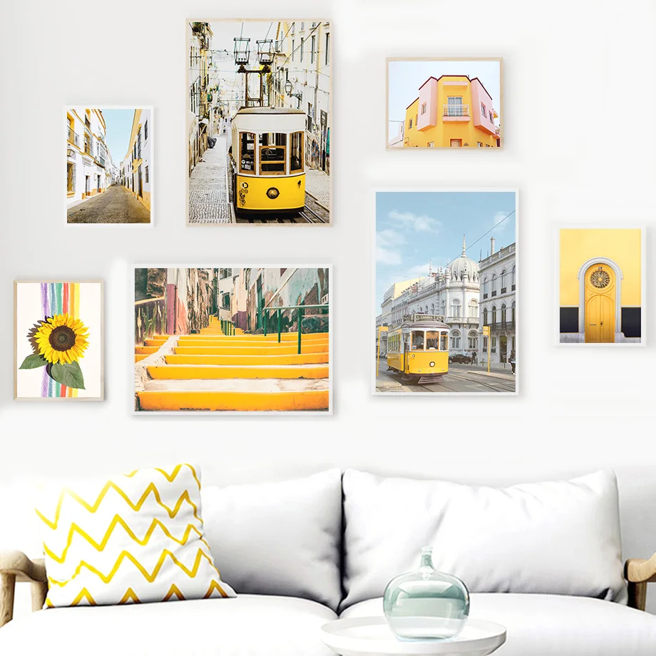 

Yellow Morocco Door Sunflower Tram Town Wall Art Canvas Painting Nordic Posters And Prints Wall Pictures For Living Room Decor