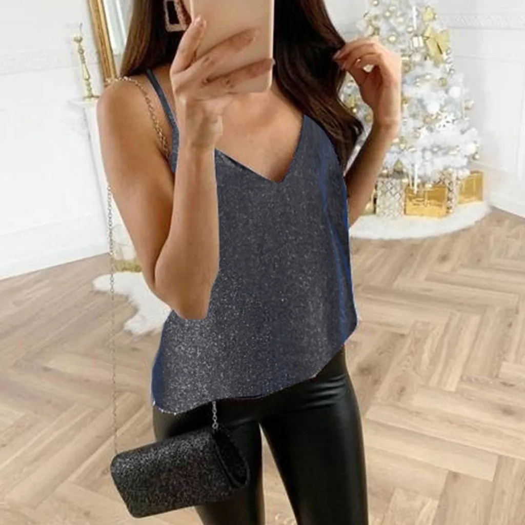 Sexy Womens tank top Sequin Glitter Strappy Tank Tops Plus Size 5XL Ladies Sparkle Camis v-neck Swing Vest party Clubwear
